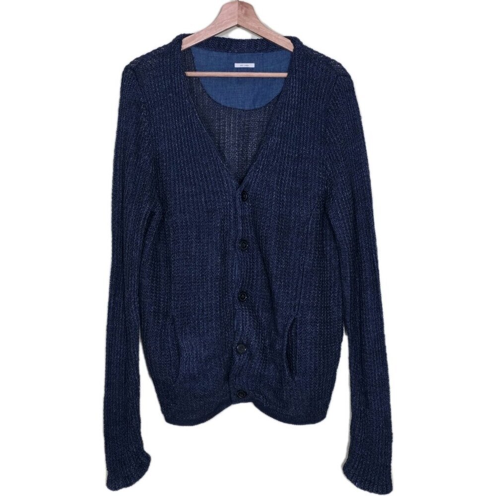 Linen Cardigan Men M Blue Textured LS V Neck Button Pockets Preppy Academia FLAW